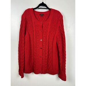Talbots Red Cable Knit Button Front Cardigan Sweater XL Valentines Cotton Chunky